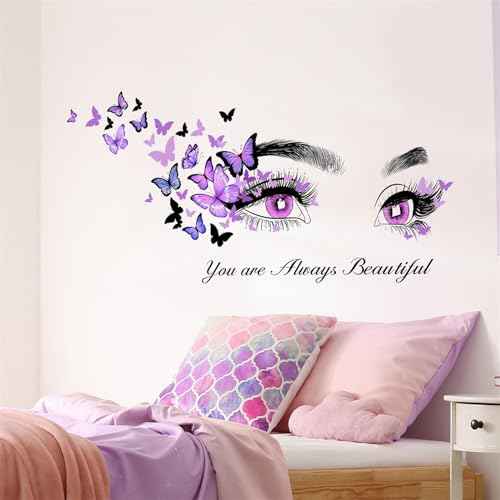 Purple Eyelash Eyes Butterfly Wall Stickers, sacinora Inspirational Quotes Motivational Word DIY Wall Decals Removable Vinyl Peel and Stick for Women Girl Kids Living Room Bedroom Nursery Art Decor