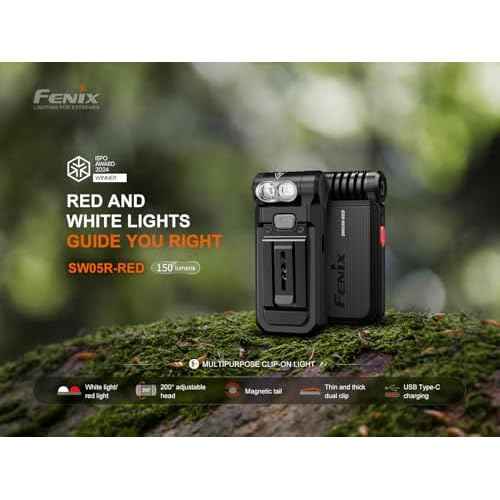 Fenix SW05R-RED Clip On Flat Body swival Flashlight with Red Light with EdisonBright Accessory case Bundle (Black)