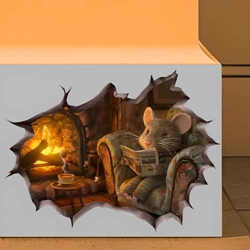 Cozy Mouse Wall Decal, 3D Fireplace Scene Decorative Sticker, Vinyl Home Decor