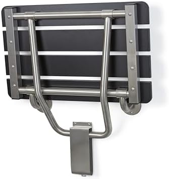 32-inch x 15-inch ADA Folding Wall Mount Bathroom Shower Seat Bench, Black Slatted Phenolic Seat