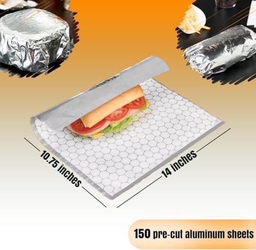 150 sheets Insulation Sandwich Wrapping Paper Aluminum Foil Sheets - 10 3/4" x14" - Aluminum Foil Sandwich Wrap Sheets For Sandwich Wraps, Burritos and BBQ