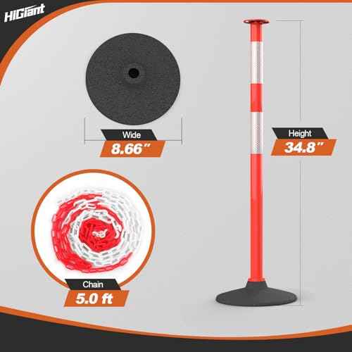 HiGiant 4 Pack 34 Inches Traffic Delineator Posts with Weighted Rubber Base, Portable Orange Safety Posts Cones with Reflective Collars and 15 Ft Plastic Chains for Parking Lot, Construction Work