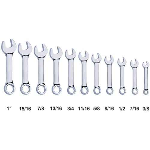 Premium Stubby Combination Wrench Set with Roll-up Pouch, 11-Piece, SAE, 3/8¡± to 1¡±, No Skipped Inch Size | Cr-V Steel, Mirror Polished Finish | Short Length and Slim Body, Perfect for Confined Areas