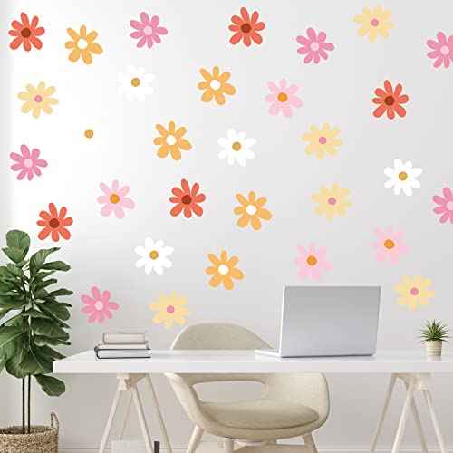 BBTO Daisy Wall Decal Flower Vinyl Wall Floral Decals Peel and Stick Daisy Stickers for Kids Nursery Art Bedroom Living Room(Pink, White, Orange)