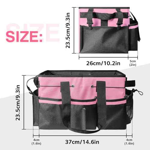 Cleaning Caddy Tote with Removable Dividers - 17.8x12.2x9.3in Waterproof Tool Organizer Bag with Handles & Adjustable Shoulder Strap for Housekeepers, Cleaners & Car Detailing Supplies (Pink)