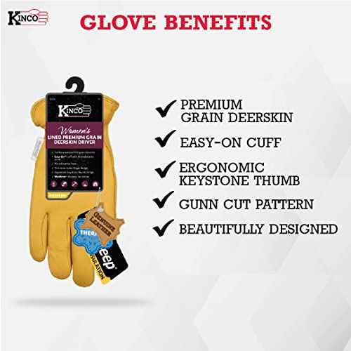 Kinco - Women's Golden Full Grain Deerskin, Shirred Elastic Wrist, Keystone Thumb Design Heatkeep Thermal Insulation, Large