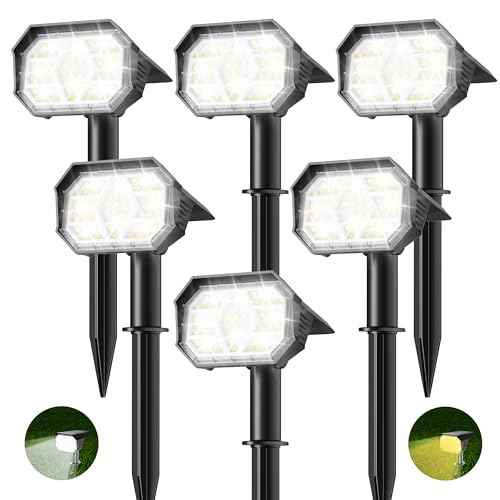 Brightown 6Pack Solar Spot Lights Outdoor [Cool & Warm Light 2-in-1], IP67 Solar Lights Outdoor Waterproof with 1800mAh, Two Mounting Methods Outdoor Solar Lights for Yard, Garden and Pathway