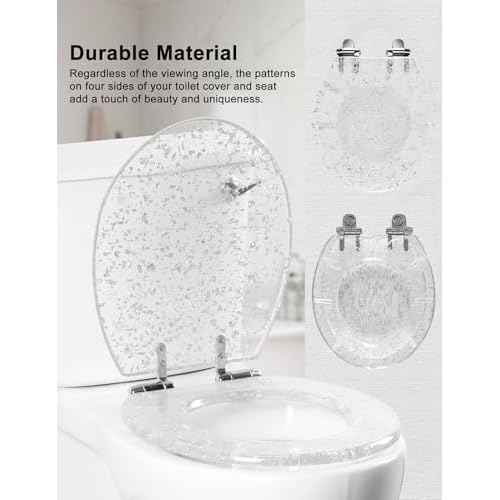 Resin Toilet Seat Round with Easy Clean Adjustable Hinges, Soft Close Quick Release Heavy Duty Silver Glitter Cover Acrylic Toilet Seats (Round 17 Inch, Silver Foil, Upgraded hinge)
