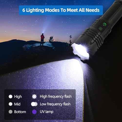 Super Bright LED Rechargeable Flashlights,Zoomable Tactical Flashlights with 6 Modes(UV lamp),6000LM High Powered Flashlight,Waterproof Flash Lights for Camping,Emergency,Outdoor Adventures,Home,Work