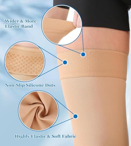 MGANG Medical Thigh High Compression Stockings for Men & Women, Pair, Open Toe, 20-30 mmHg Graduated Compression Support Hose, Opaque, Best for Varicose Veins, Edema, Flight, DVT, Swelling, Beige XXL