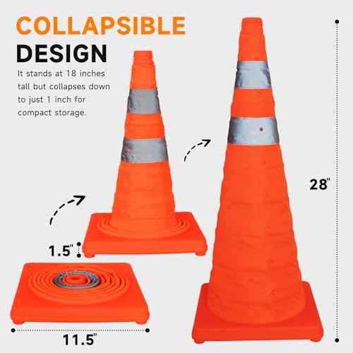 SHAREWIN Collapsible Traffic Safety Cones, [4 Pack] 28 Inch Orange Cones, Multi Purpose Pop-up Cones with Reflective Collar for Road Safety, Driving Training, Parking lot