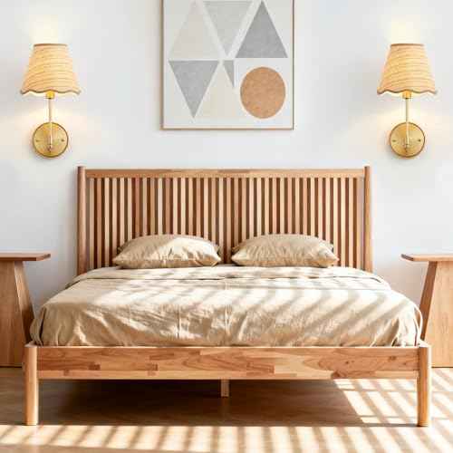 Natural Rattan Wall Sconces Set of 2, Boho Hand-Woven Wall Mounted Light Fixture Decor with Rattan Lampshade Wireless Sconces for Home Bedroom Living Room Hallway Kitchen Stairs(Gold)