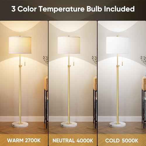 PARTPHONER Floor Lamp for Living Room, 66'' Adjustable Height Standing Lamp with Marble Base, 3-Color Tall Lamps with Pull Chain, Suitable for Bedroom, Reading, Office (Bulb Included, White Shade)