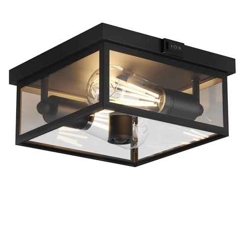 Outdoor Ceiling Light with Motion Sensor, Flush Mount Porch Light, Exterior Light Fixture with Clear Glass, Dusk to Dawn 2-Light Fixture for Patio,Porch (12 in)