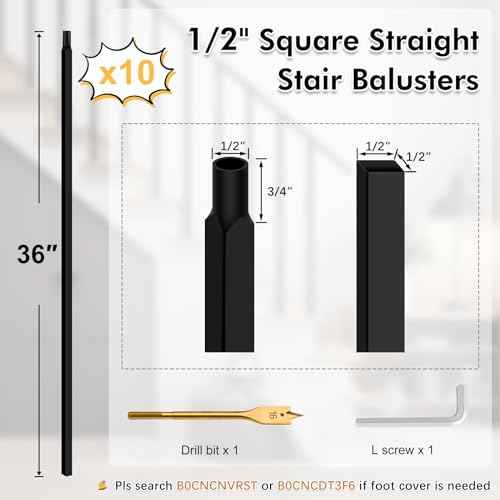 10 Pack Iron Stair Balusters, 36"" Balusters for Staircase Interior, Stair Spindles Hollow Single Basket with Knuckles Double Twist 1/2"" Square Metal Stair Wrought Iron Balusters, Black