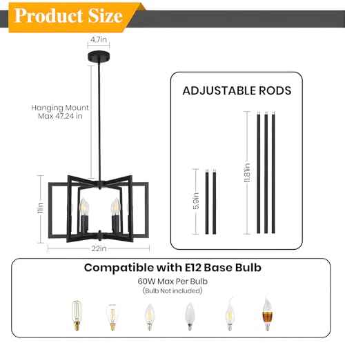 6-Light Black Chandeliers for Dining Room,Modern Farmhouse Chandelier, Pendant Lights Kitchen Island,Geometric Industrial Metal Hang Lighting Fixture for Foyer Entryway Hallway Living Room