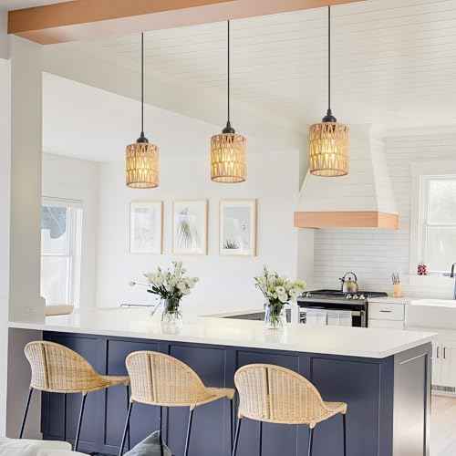 3 Pack Rattan Chandelier Pendant Lights Kitchen Island,Farmhouse Boho Chandeliers Adjustable Height Hanging lamp for Dining Room,Kitchen Ceiling Light Fixtures with Hand Woven Wicker Lampshade