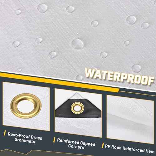 Kesfitt Tarp Heavy Duty Waterproof 12x20FT,16 Mil Thick Tarps Tear&Fade Resistant,UV Resistant,Poly Tarp Cover with Grommets and Reinforced Edges for Outdoor Camping Pools Boat Car(White)