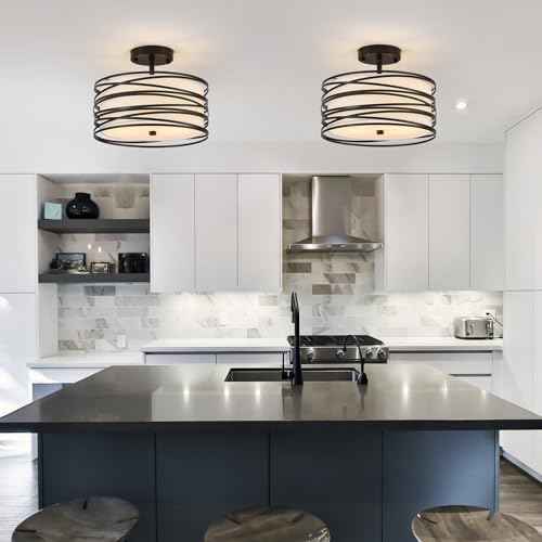 Drum Semi Flush Mount Ceiling Light Fixture Vintage Modern Farmhouse 2-Lights Linen Drum Ceiling Lighting Rustic Black Ceiling lamp for Dining Room, Bedroom, Kitchen, Laundry Room