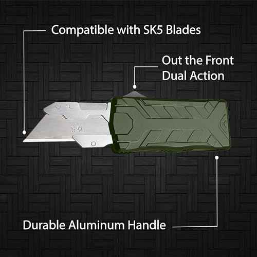 OTF Box Cutter Automatic Utility Knife Dual Action Out the Front (Contoured Green)
