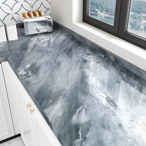Peel and Stick Backsplash for Kitchen Marble Contact Paper for Cabinets Glossy Grey/Blue Wallpaper Peel and Stick Modern Self Adhesive Wall Paper for Kitchen Bathroom Countertops Waterproof