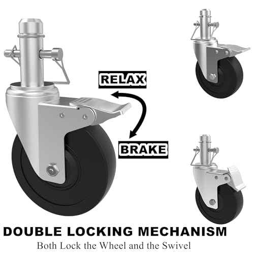 Scaffolding Wheels Set of 4, 5-Inch Scaffold Rolling Tower Caster 1-Inch ID Round Tubing Style, Heavy Duty 400LBS Locking Rubber Wheel for Perry Style MFS and Portable Barke Scaffolding