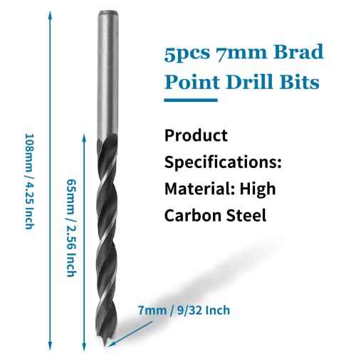 Bivethoi 5pcs 7mm Brad Point Drill Bits for Woodworking, High Carbon Steel Drilling Tool, Metric Drill Bits for Softwood Hardwood Plywood Acrylic Plastic