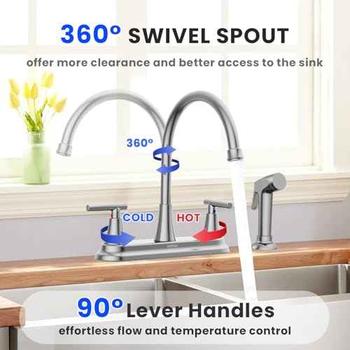 HURRAN 2-Handle Kitchen Faucet with Pull-Out Side Sprayer, 8 Inch High Arch Stainless Steel 360¡ÆRotating Kitchen Sink Faucet, 4 Hole Faucet for Kitchen Bar Rv Camper, Nickel