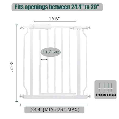 24-29 Inch Narrow Baby & Dog Gate, Pressure Mounted No Drilling, for Stairs & Doorways, White Metal Safety Gate Indoor for Kids and Pets