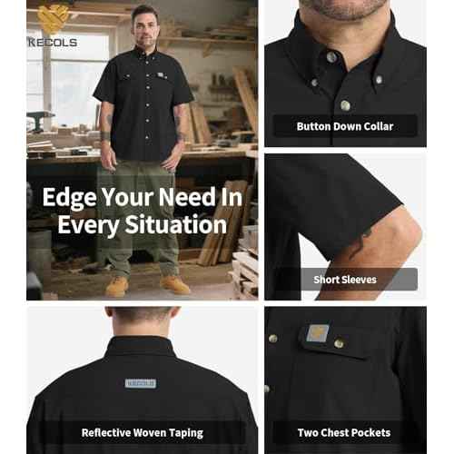 Mens Regular Fit Work Utility Shirt Midweight with Two Chest Pockets Wrinkle-Resistant Industrial Work Wear