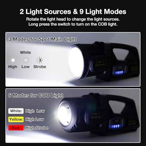 Rechargeable Spotlight Outdoor Handheld, 2,000,000L High Lumens Led Spot Light Flashlight with Solar Panels, 9 Modes Waterproof Handheld Spot Light for Outdoor Marine Boating Hunting