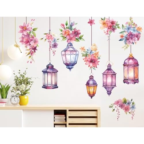 Hanging Flower Vine Wall Stickers Floral and Lamp Peel and Stick Wall Art Decals Flower Vine Wall Decor for Living Room Bedroom TV Background Spring Party Decoration