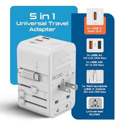 Ceptics GAN 70W Universal Travel Adapter with 65cm Retractable USB-C Cable, 2X USB-A (1x QC 3.0), 1x Type C Port (PD 70W), Universal Power Adapter with Type A, C, G, I Output