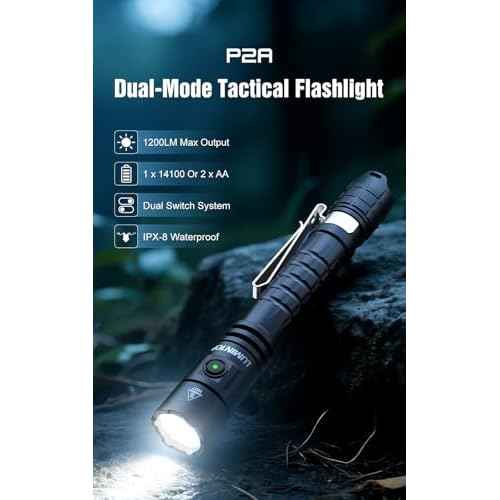 P2A Compact Dual-Mode Tactical Flashlight, 1200 Lumens Turbo Mode with 330m Beam Distance, USB-C Rechargeable 2xBattery, IP68 Waterproof, Pen-Shaped Design with Pocket Clip