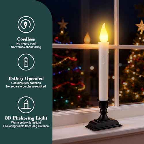 Enhon 18 Pack Battery Operated LED Window Candles, Dusk to Dawn Light Sensor, with Black Holders and Suction Cups, Ivory Christmas Window Candles, Amber Flicker Flame (Batteries AA Included)