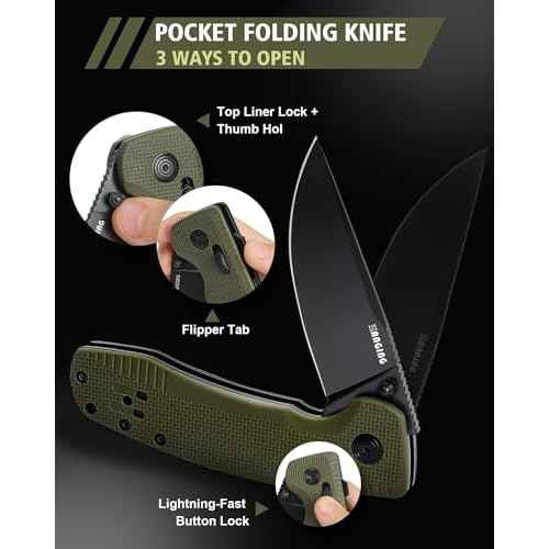 Pocket Folding Knife(EDC)- 3.35" D2 Steel PVD Nitro-V Steel Blade, G10 Handle- Lightweight Folding knives with Clip for Camping, Hiking, Hunting Survival Multi-Tool (Olive Green)