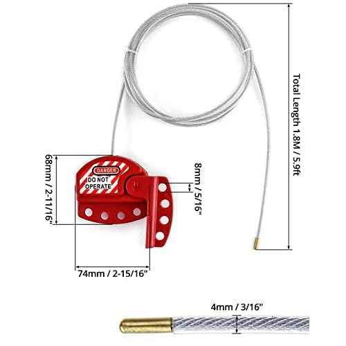 QWORK Lockout Tagout Cable Lock, 4 Pack Adjustable Steel Vinyl Coated Cable Lockout, 3/16" Diameter, 5.9' Length, Red