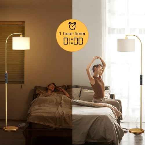 Arc Floor Lamp with Remote and Stepless Dimmable Bulb, Colors Temperature & Brightness Adjustable, Gold Floor Lamps for Living Room£¨Deep Beige Shade & Gold Pole£©