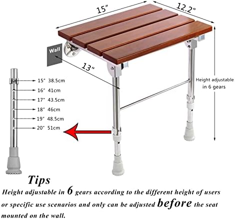 Folding Shower Seat Wall Mounted with Legs, Shower Seat Benches Stool Chair for Inside Shower, Fold Down Shower Seat for Seniors Small Shower Space, Foldable Fold up Waterproof Wood Height Adjustable