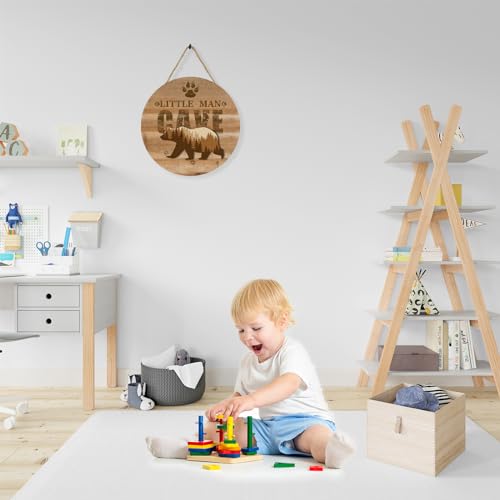 Wooden Little Man Cave Sign for Baby Boy Nursery Decor, Woodland Nursery Room Wall Decorations, Bear Wall Art Decor Rustic Farmhouse Kids Bedroom Hanging Decor (B)