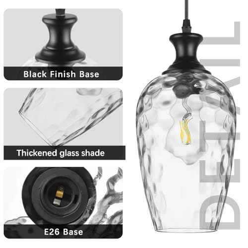 Glass Pendant Lights Kitchen Island, 1-Light Black Pendant Light Fixtures with Hand-Blown Clear Glass, Farmhouse Hanging Light for Kitchen Sink Dining Room Bedroom, E26