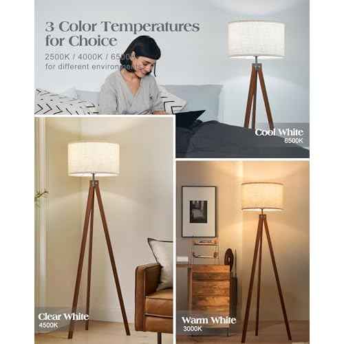 ELYONA Solid Wood Tripod Floor Lamp with 3 Color Temperatures LED Bulb, Mid Century Modern Reading Standing Light Nature Linen Shade Tall Night Light for Bedroom Living Room Office Study Room, Brown