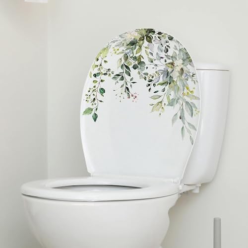 Green Plant Leaves Flowers Toilet Seat Lid Stickers-DIY Removable Waterproof Toilet Sticker for Bathroom Cistern Decor-Green Leaf Floral Toilet Lid Decals 11.8x9.8in