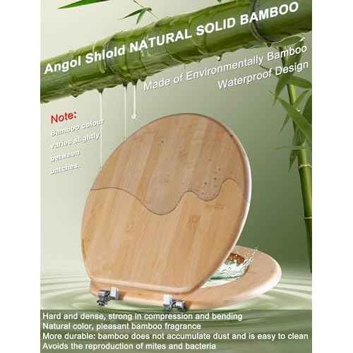 Angol Shiold Round Bamboo Toilet Seat with Zinc Alloy Hinges, Easy to Install also Easy to Clean, Natural Bamboo, Light, 16.5-inch