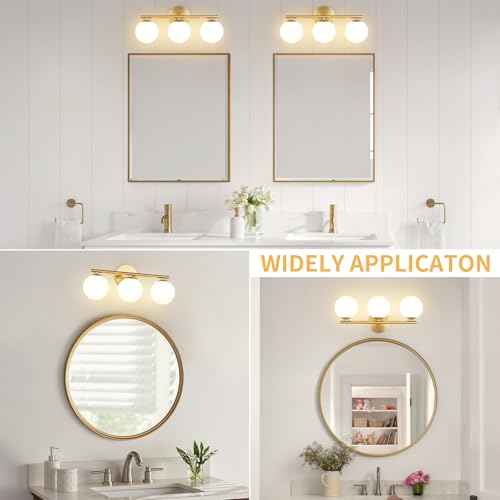 Globe Bathroom Light Fixtures 3-Light Brass Gold Vanity Light with Plastic Milk White Globe Shades 11.81 inch Wall Sconce Lighting Over Mirror, Vanity Lights for Bathroom Bedroom Hallway