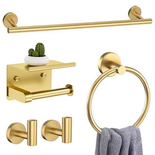5-Piece Towel Bar Set Brushed Gold Bathroom Hardware Accessories Set Includes Multi-Purpose Toilet Paper Holder,Towel Holder Sets for Bathroom Stainless Steel Wall-Mounted 23.6in