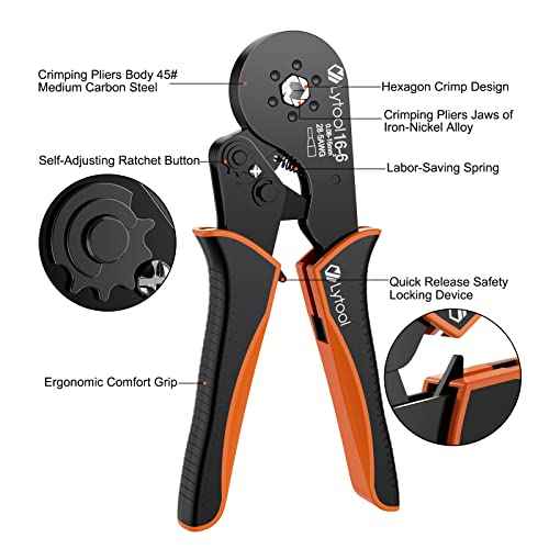 Hexagonal Ferrule Crimper Tool AWG28-5 (0.08-16mm©÷), Lytool Wire Ferrule Crimping Tool, Self-Adjustable Ratchet Wire Crimping Pliers for Wire Ferrules Terminals Connector Kit, Cables End-sleeves