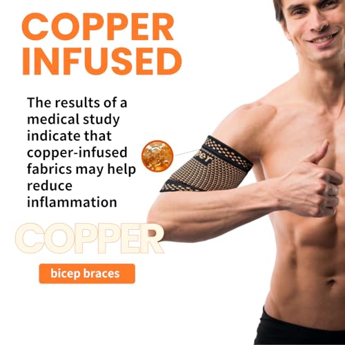Bicep Compression Sleeve 1 Pair,Copper Upper Arm Compression Sleeve,Bicep Tendonitis Brace Triceps Brace for Pain Relief,Arm Support fit for Men Women (GOLD, Medium)