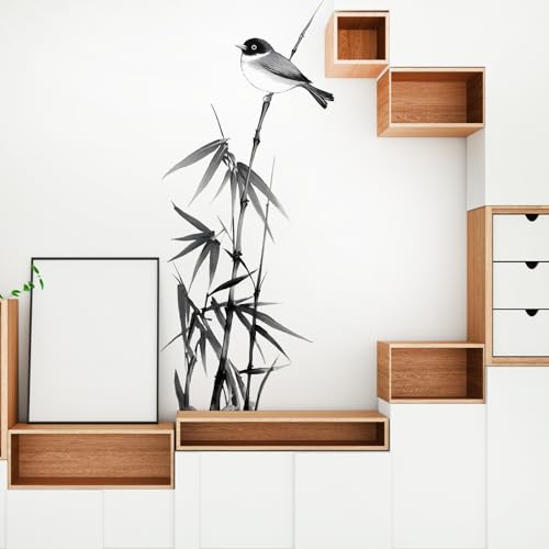 Chinese Ink Bamboo Wall Decals Removable Zen Painting Vinyl Stickers for Nursery Living Room and Bedroom Botanical Decor Peel and Stick Wall Art