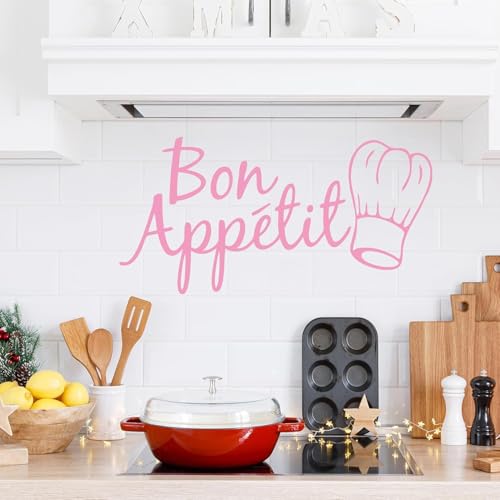 Pink Bon Appetit Kitchen Wall Sticker, Removable Vinyl Decal, Heart Shape, Classic Style, 23.6in x 11.8in